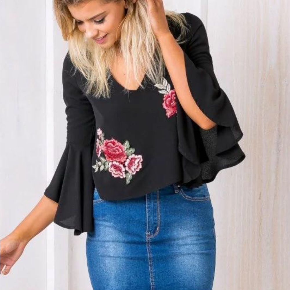 NWOT Black Embroidered Flare Long Sleeve